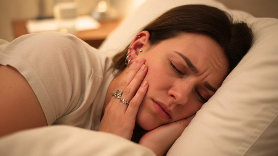 Frau versucht mit Ohrpiercings zu schlafen