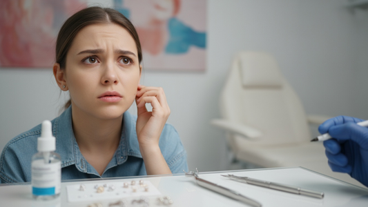 Eine Frau hat Angst, bevor sie sich ein Ohrloch stechen lässt.