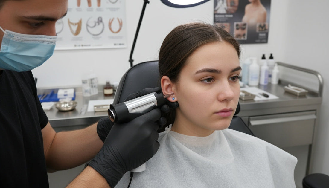 Eine Frau lässt sich das Ohr mit einer Ohrlochpistole stechen.