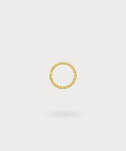 "Geflochtener Titanring-Helix Piercing Francisca mit goldener Oberfläche, kombiniert glatte und geflochtene Texturen für ein einzigartiges Design."